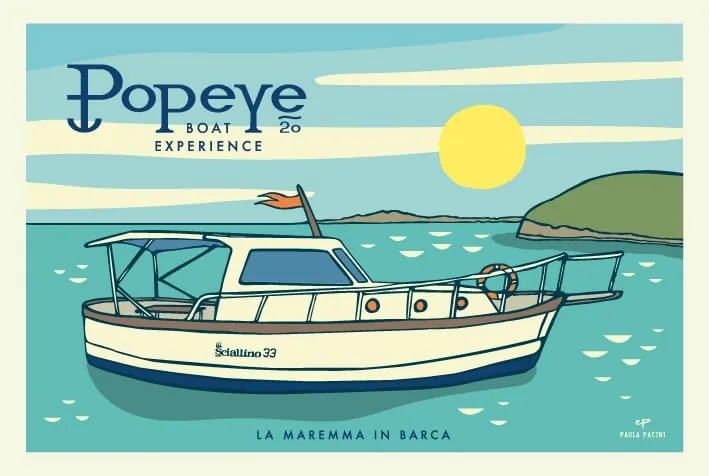 Cartolina illustrata di Popeye Boat Experience: il gozzo Sciallino 33 nel mare della Maremma, con il sole e l'isolotto sullo sfondo